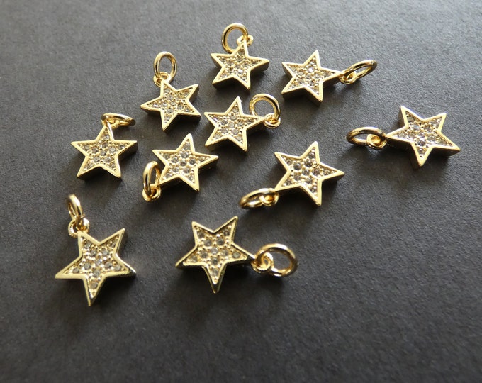 11.5mm Cubic Zirconia & Brass Star Charms, Star Dangle Pendants, Gold Color, Lightweight, 3mm Hole, Shiny Golden Star With CZ Rhinestones