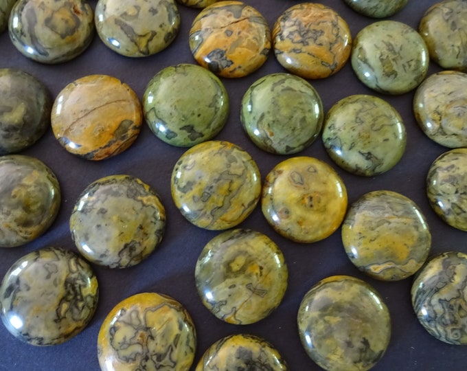 20mm Natural Ripple Stone Cabochon, Dyed, Olive Green, Round, Gemstone Cabochon, Polished Gem, Swirled Pattern Stone, Black Swirls