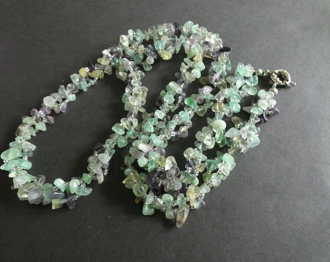 35.4 Inch Natural Fluorite Bead Necklace, With Glass Seed Beads, Stone Chips, Purple & Green, Nugget Beads, Spring Clasp, Extra Long