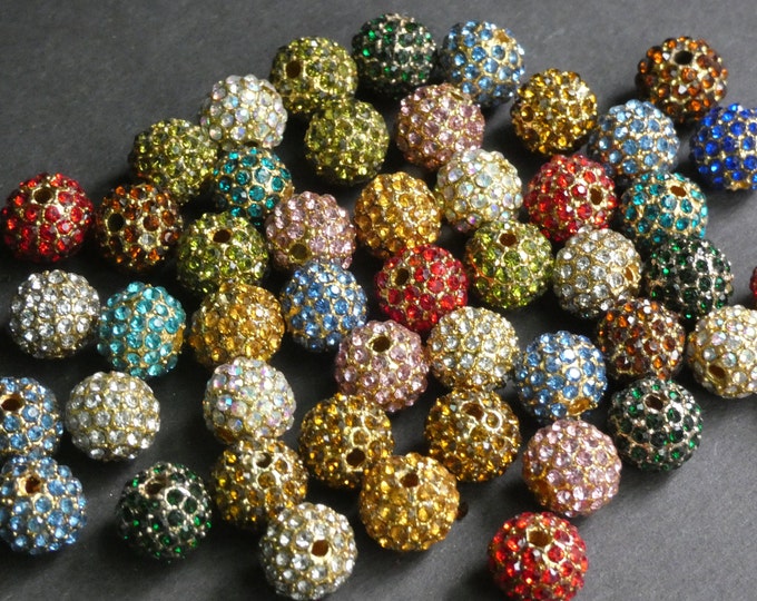 10mm Alloy Metal & Rhinestone Rainbow Beads, Mixed Color Glass Rhinestones, Gold Metal Disco Ball Bead, Round Rhinestone 10mm Bead, 2mm Hole