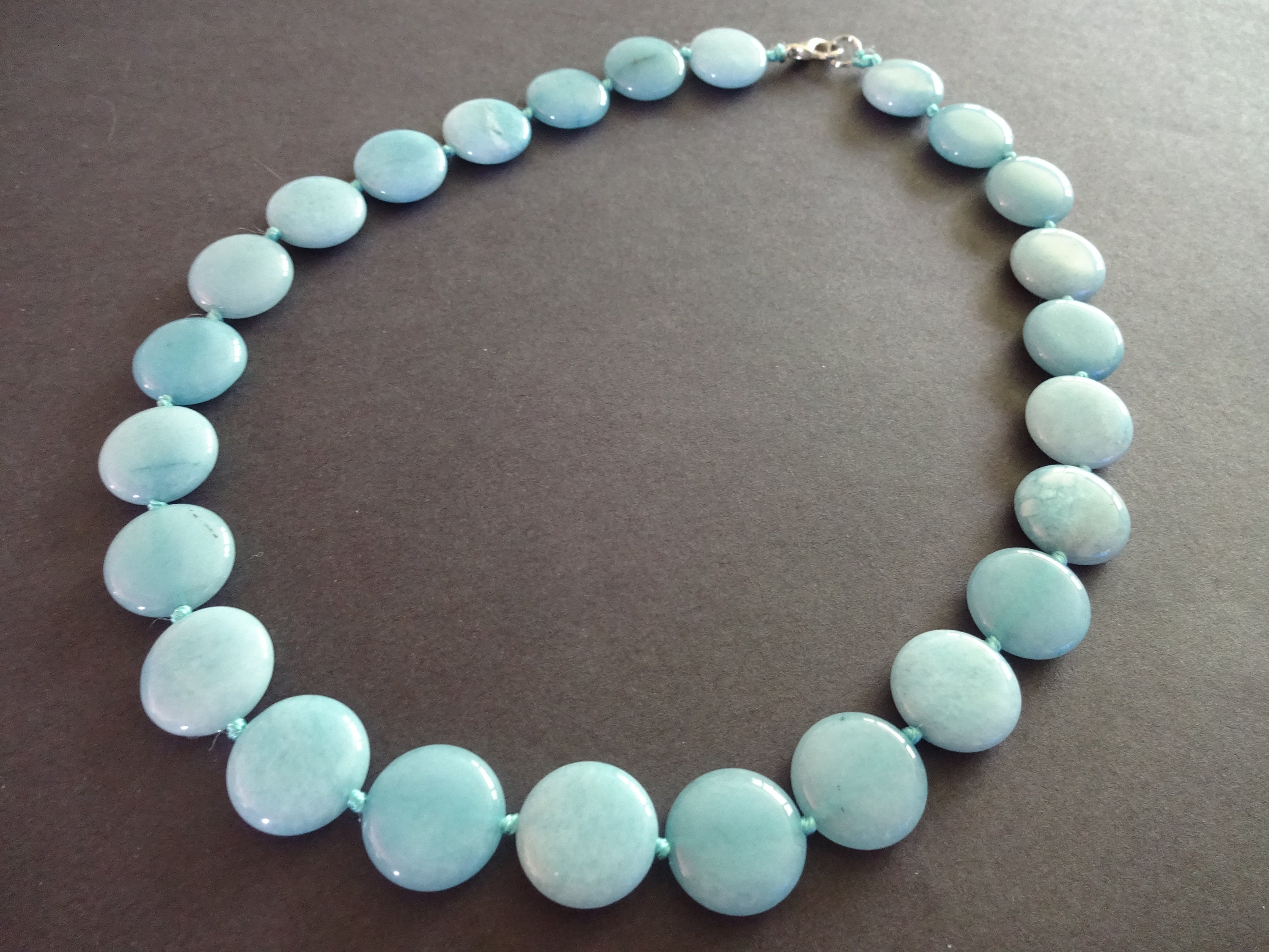 Natural Aquamarine Bead Necklace, 18-18.5 Inch Long, 16mm Flat Round
