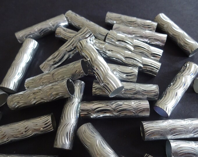 29x8mm Aluminum Tube Beads, Metal Tubes, Lightweight, Round, Metallic, Silver Color, Long Beads, Lined Pattern
