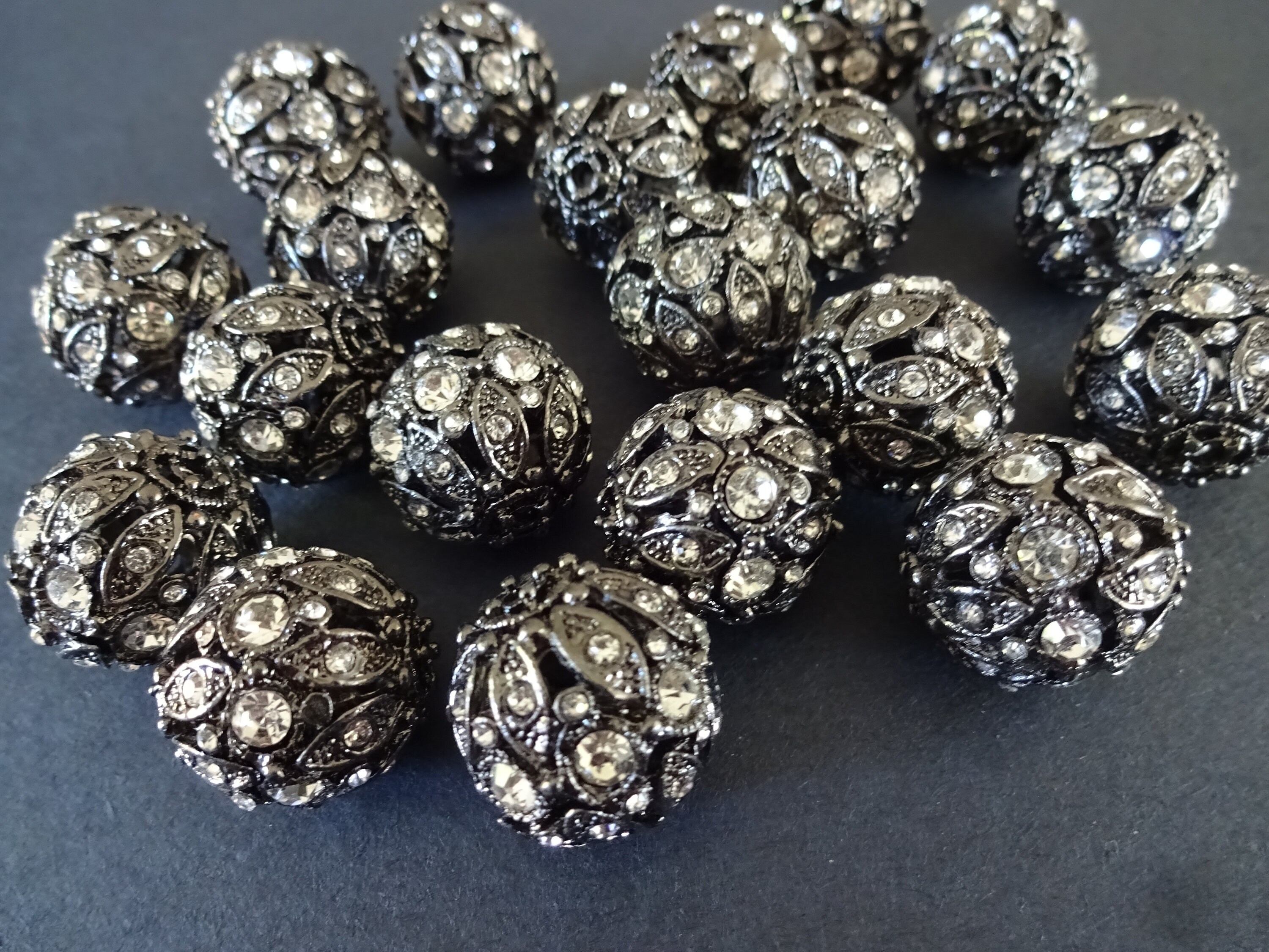 21mm Alloy & Rhinestone Round Beads, Gunmetal With Clear Rhinestone Beads,  2.5mm Hole, Sparkly Glass Rhinestones, Large Rhinestone Ball Bead