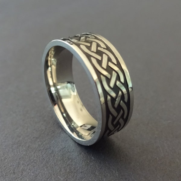 Stainless Steel Celtic Ring, Silver and Black Band, Size 7-13, Irish Knot Design, Women's & Men's Band, Intricate Celtic Band, 8mm Width