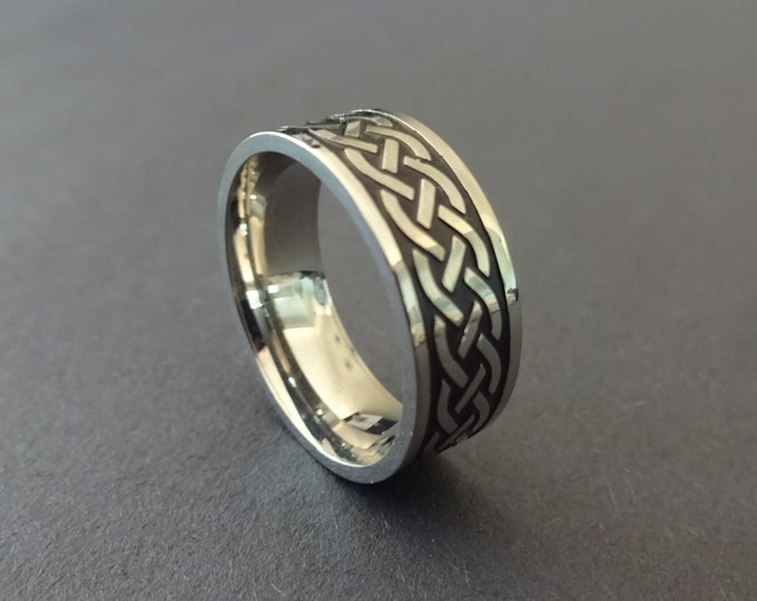 Stainless Steel Celtic Ring, Silver and Black Band, Size 7-13, Irish Knot Design, Women's & Men's Band, Intricate Celtic Band, 8mm Width