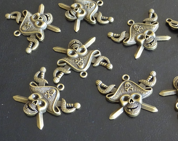 Metal Pirate Skull Pendant, Antique Bronze Color, Metal Skull Pendant, Halloween Pendants, Pirate Skull With Swords Charm, Halloween Theme