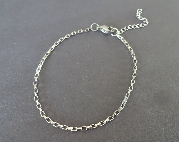 Stainless Steel Box Chain Bracelet With Clasp, Silver Chain, 7.4 Inch, Minimalist, Add Your Own Charms, Ready To Wear, Thin Link Bracelet