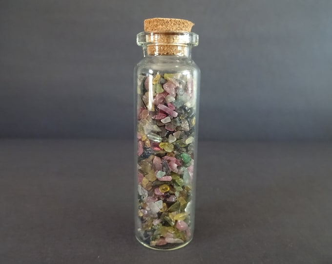 Glass Crystal Chip Jar with Tourmaline, Mixed Color Gemstone, 22x71mm Glass Jar, Decoration or Pendant Piece, Cork Stopper, Wishing Bottle