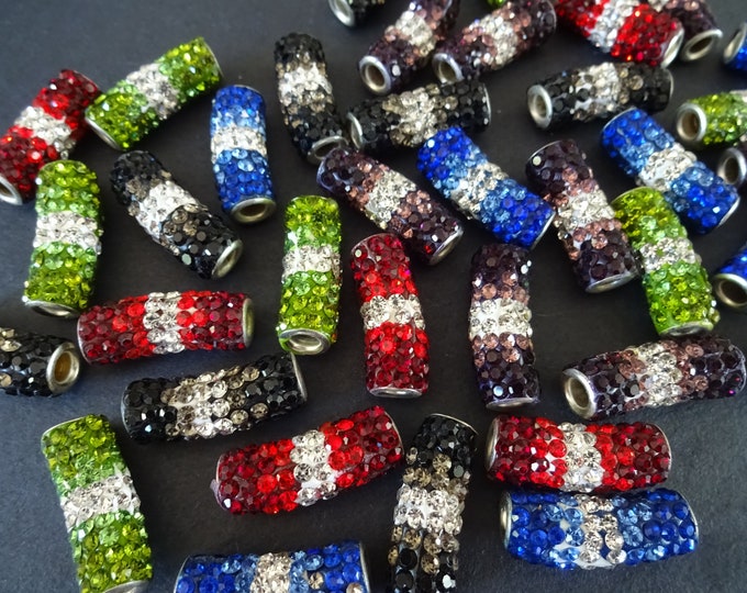 22-24mm Brass & Polymer Clay Rhinestone Curved Tube Beads, Column Beads, Silver Metal and Mixed Color Sparkly Rhinestones, European Beads
