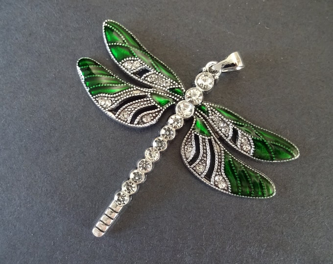 57x64mm Rhinestone & Metal Dragonfly Pendant, Silver With Clear Rhinestones, Green Enamel, Dragonfly Jewelry, Large Dragonfly Charm