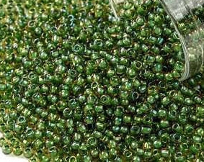 11/0 Toho Seed Beads, Topaz / Opaque Green Lined (393), 10 grams, About 1100 Round Seed Beads, 2.2mm with .8mm Hole, Inside Color Finish