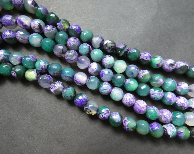 8mm Natural Fire Agate Faceted Bead Strand, Purple and Green, Dyed and Heated, About 47 Beads, 15 Inch Strand, Ball Bead, Round, Faceted