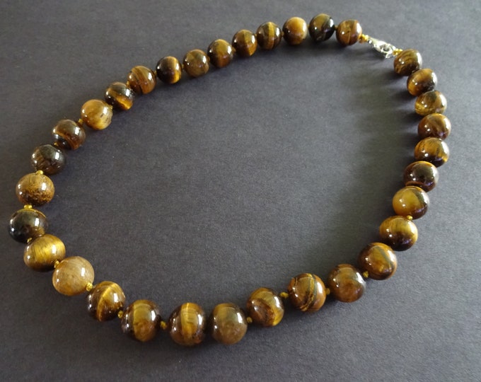 Natural Tiger Eye Bead Necklace, 18 Inch Long, Large Ball Beads, Green Gemstone, With Lobster Claw Clasp,  Brown Gemstone, Tigereye