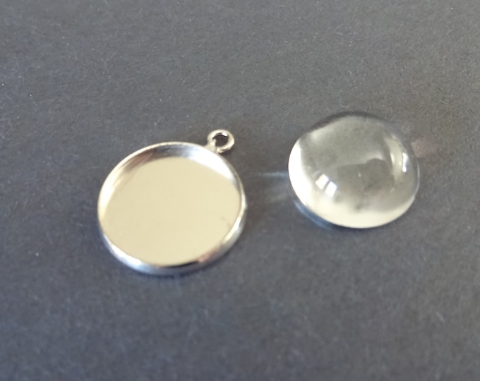 Pack of 14mm Round Brass Pendant Setting with Half Round Glass Cabochon, 19x16x2mm Overall Size, Round Setting, Silver Colored Setting