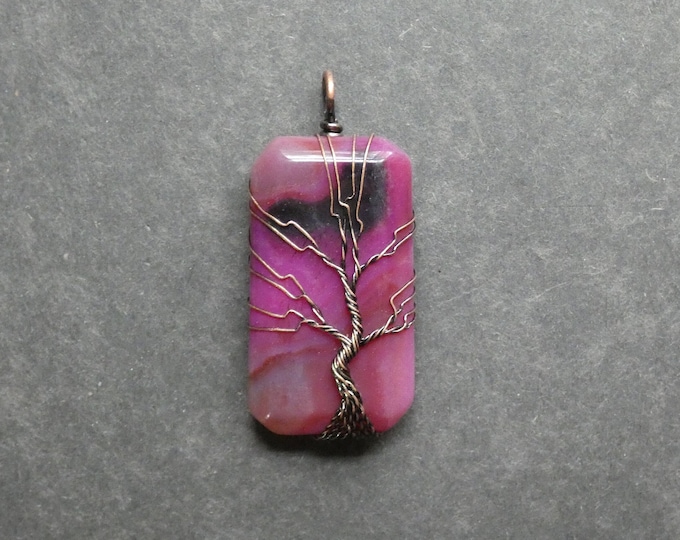 65x30mm Natural Crackle Agate Pendant, Red Copper Wire Wrapped Gemstone Pendant, Pink, Dyed, Large Rectangle Pendant, One of a Kind, Unique