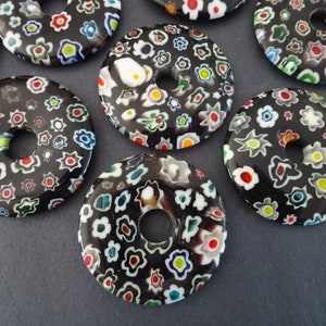 44.5-45mm Millefiori Lampwork Glass Donut, Round Donut Component, Polished, Glass Floral Pendant, Millefiori Donut Charm, Black Flower Donut