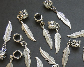 37mm European Feather Drops, Etched Feather Dangle Beads, Feather Drop Bead, Pewter Drop, 37mm Drop, Feather Pendant, Bird Charm