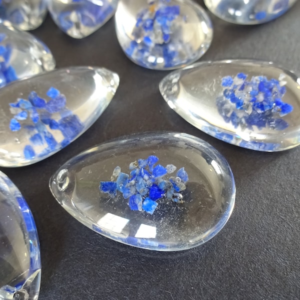 30x20mm Natural Lapis Lazuli Teardrop Pendant, Lapis Chips In Glass Pendant, Drilled Pendant, Natural Stone Chip Pendant, Glass Teardrop