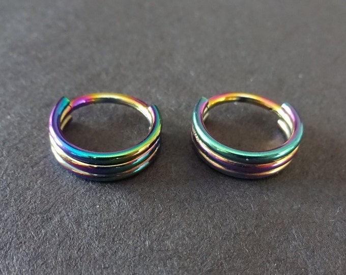Stainless Steel Rainbow Chunky Huggie Hoop Earrings, Hypoallergenic, Ion Plated, Multicolor Set Of Huggie Earrings, 12mm, Lined Chunky Hoops