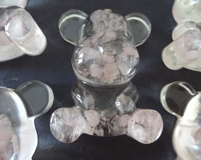 53-54mm Resin & Natural Rose Quartz Bear Cabochon, Display Teddy Bear With Real Quartz Chips Inside!, Lightweight Cab, Pink Quartz Gemstones