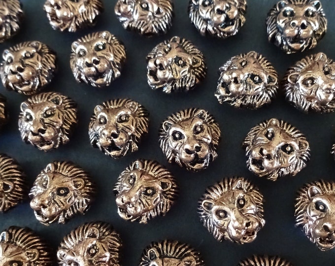 10 PACK 12x13mm Lion Head Metal Beads, Antiqued Rose Gold, Drilled Metal Lions, Animal Bead, Charm Bead, Engraved Lion Beads, Cat Beads