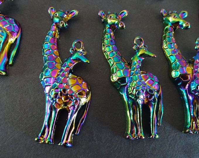 5 PACK of 54mm Metal Giraffe Pendant, Rainbow Metal Giraffe Charm, Oil Slick Color, Iridescent Metal Pendant, Holographic Metal Pendant