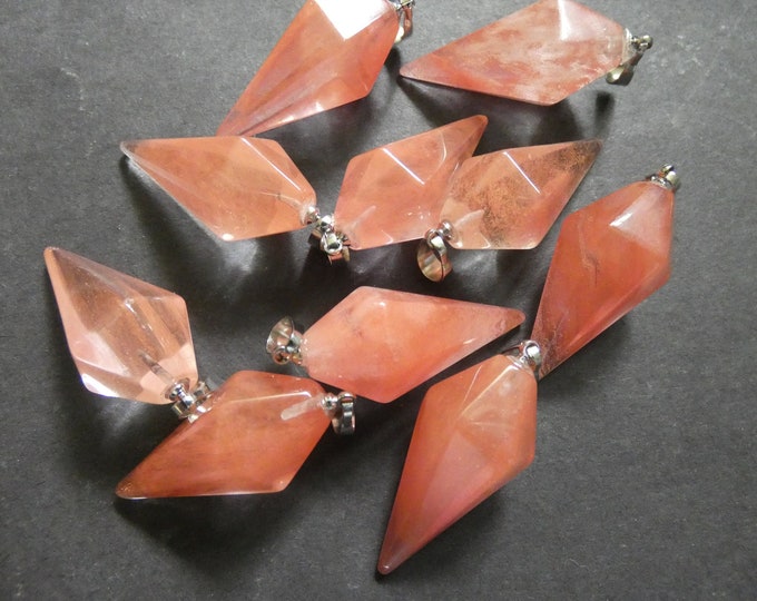 38.5mm Tigerskin Glass Pendant With Brass, Faceted Pointed Bullet, Polished Gem, Gemstone Jewelry Pendant, Pink & Clear, Silver Color Loop
