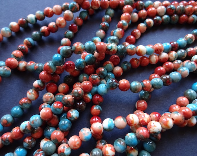 15.5 Inch 6mm Natural White Jade Ball Bead Strand, Dyed, About 64 Stone Beads, Orange & Blue, Round Jade Bead, Drilled Jade Stones. Marbled