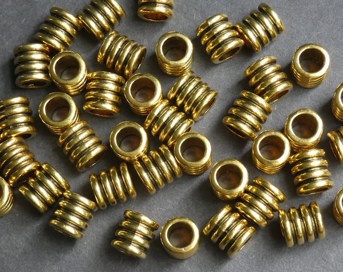 20 PACK 9.5x9mm Alloy Metal Tube Beads, Lined Rope Design, Antiqued Gold Color, Cylinder Engraved Tube Beads, 6mm Holes, European Style