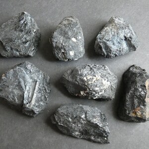 May include: Seven black, rough, and irregularly shaped stones. The stones have a dark, almost metallic sheen and some have white flecks.