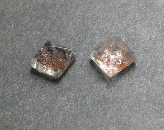 2 Pack 12x8-10mm Natural Lodolite Quartz Cabochons, Faceted, Pyramid, Garden Quartz Cabochon Set, One of a Kind, Gemstone Cabochon, Unique