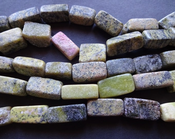 16 Inch Strand Natural Serpentine & Quartz Rectangle Bead Strand, Dyed, 15x8mm-20x10mm, About 22 Beads, Green Serpentine Stone