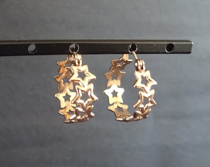 Stainless Steel Rose Gold Star Hoop Earrings, Hypoallergenic, Ion Plated, Round Hoops, Set Of Earrings, 22x20mm, Star Outline Earrings