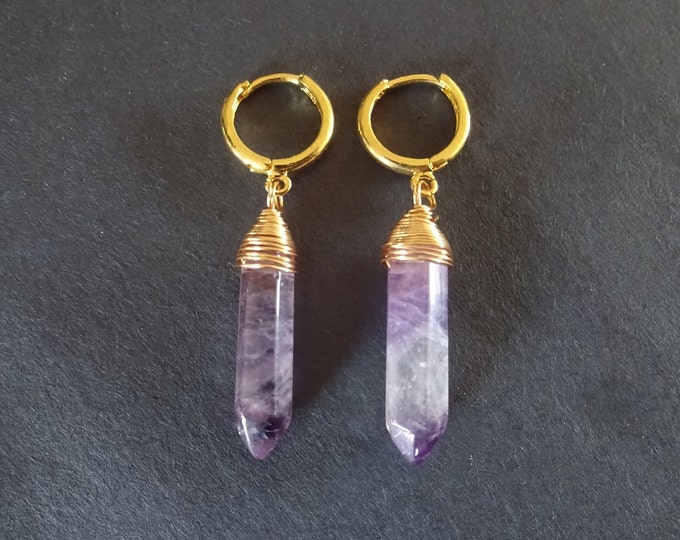 Natural Amethyst Bullet & Brass Huggie Hoop Earrings, Hypoallergenic, Dangle Earring, Set Of Earrings, Purple Crystal Gemstone Earrings