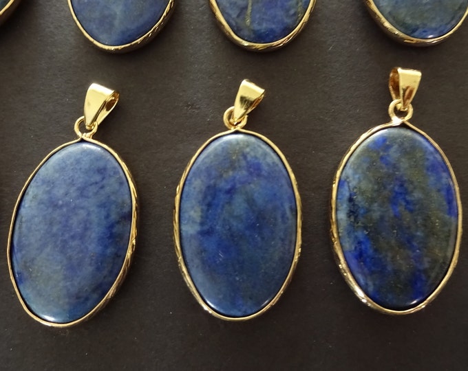 35-36mm Natural Lapis Lazuli Pendant With Metal Loop, Golden Snap On Bail, Oval Lapis Stone Pendant, Polished Lapis Jewelry Charm