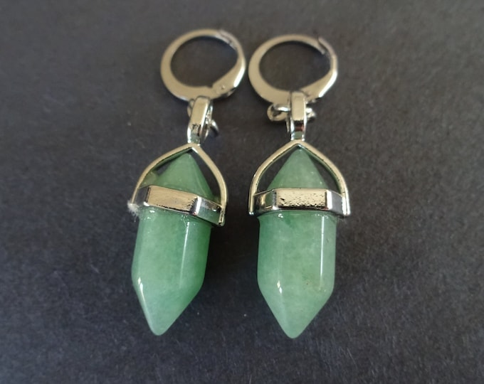 Natural Green Aventurine & Stainless Steel Bullet Hoop Earrings, Hypoallergenic, Dangle Earring, Set Of Earrings, Crystal Gemstone Earrings