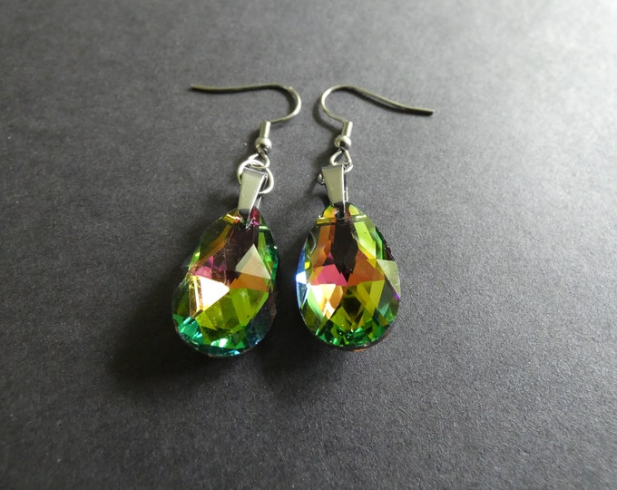 Glass & 304 Stainless Steel Drop Earrings, Silver Color Metal, Fish Hook, Dangle Faceted Teardrops, Electroplated Rainbow Coloring