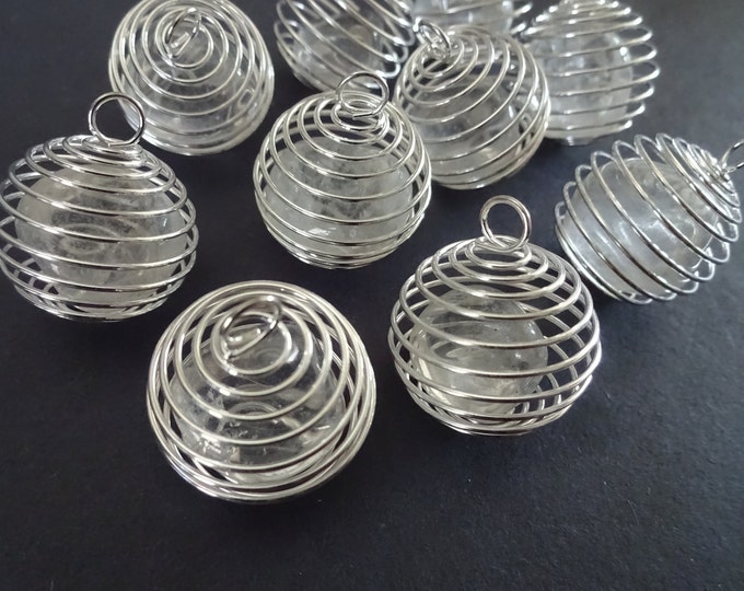 30x25mm Natural Quartz & Metal Coil Pendants, Silver Coil Charm With Gemstone Inside, Round Quartz Crystal Pendant, Coil Spring Bead Charm,