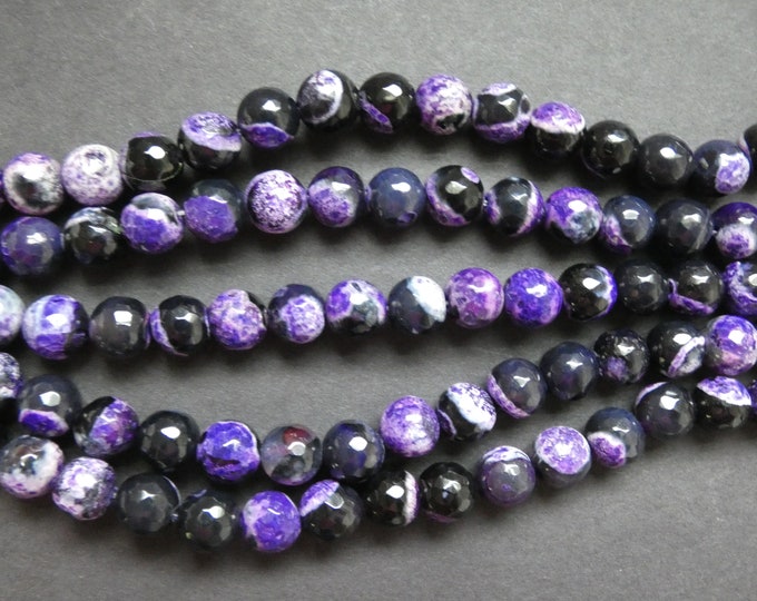 8mm Natural Fire Agate Faceted Bead Strand, Purple and Black, Dyed and Heated, About 47 Beads, 15 Inch Strand, Ball Bead, Round, Faceted