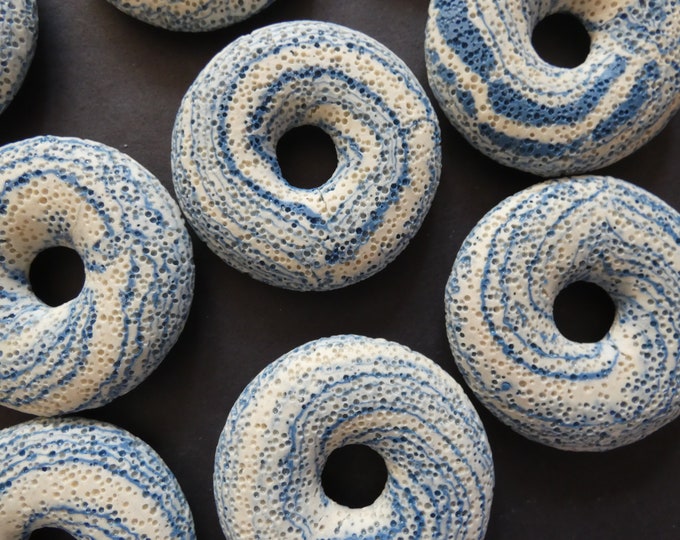 50mm Lava Stone Pendant, Dyed, Blue With White Swirls, Gemstone Donut, Large Necklace Gem, Large 10.5mm Hole, Necklace Wire Wrapping