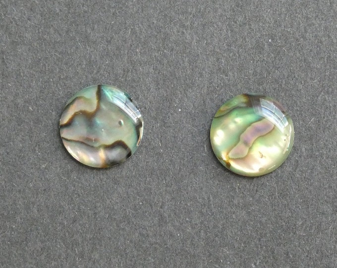 2 PACK 15mm Natural Paua Shell Cabochons, Coated Seashell Round Cabs, Green and Iridescent, As Seen In Image, Only One Set Available