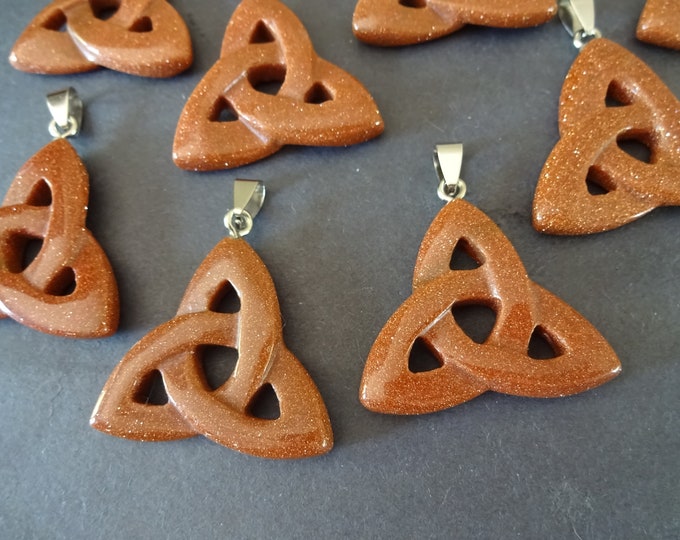 23-40mm Glass Goldstone Trinity Knot Pendant, With Stainless Steel Loop, Stone Trinity Charm, Glittery Orange Pendant, Irish Triquetra