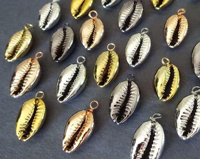 SET OF 4 Natural & Electroplated Cowrie Shell Pendants, 23-26mm, Electroplated Seashells, 4 Mixed Colors, Seashells With Loops