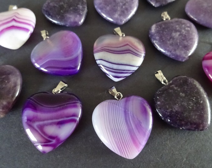 27-28mm Natural Agate Heart Pendant With Brass Loop, Dyed, Purple Heart Charm, Agate Crystal Pendant, Purple Banded Agate, Purple Heart