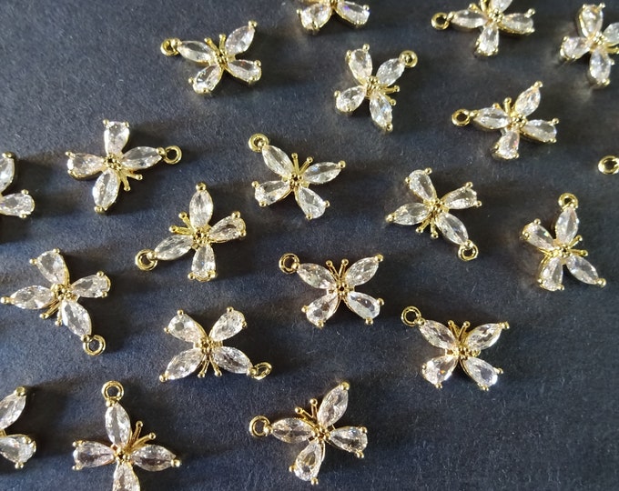 15x10.5mm Cubic Zirconia Micro Pave Brass Pendant, Light Gold Butterfly Charm, Butterfly Pendant, Clear Cubic Zirconia, Stylish Charm