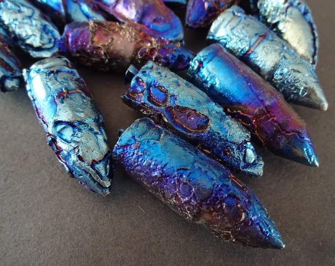 41-43mm Electroplated Dragon Bone Stone Pendant, Drilled Bullet, Electroplated Blue Stones, Dragon Bone Pendant, Peacock Blue Charm