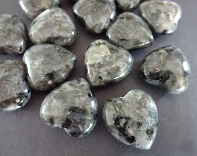 25mm Diamond Natural Labradorite Hearts, Undrilled, Heart Shaped, Dark Gray, Polished, Natural Gemstone Component, Puffed Heart
