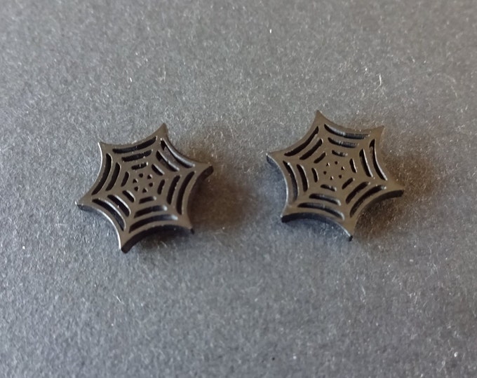 Stainless Steel Black Spider Web Stud Earrings, Hypoallergenic, Halloween Earrings, Set Of Earrings, 11x9.5mm, Halloween Jewelry, Web Studs