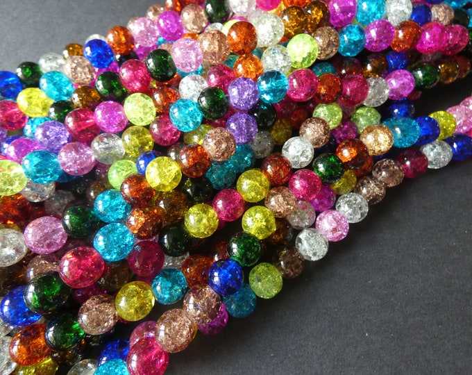 16 Inch Strand Crackle Glass Ball Bead Mix, 10mm Beads, About 42 Beads, Mixed Colors, Transparent, Vibrant Bright Jewelry Beads, Round