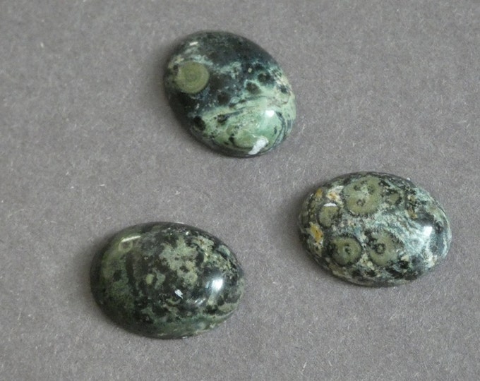 3 Pack 20x15mm Oregon Pea Stone Cabochons, Gray and Green With Swirls, Swirled Oval Cabochon, Gemstone Cabochon Set, Unique 3pk Cabochons